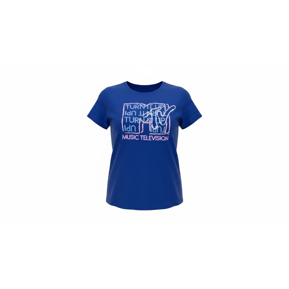 MTV Graphic T-Shirt Juniors Large L Blue Turn It Up Music Television Logo